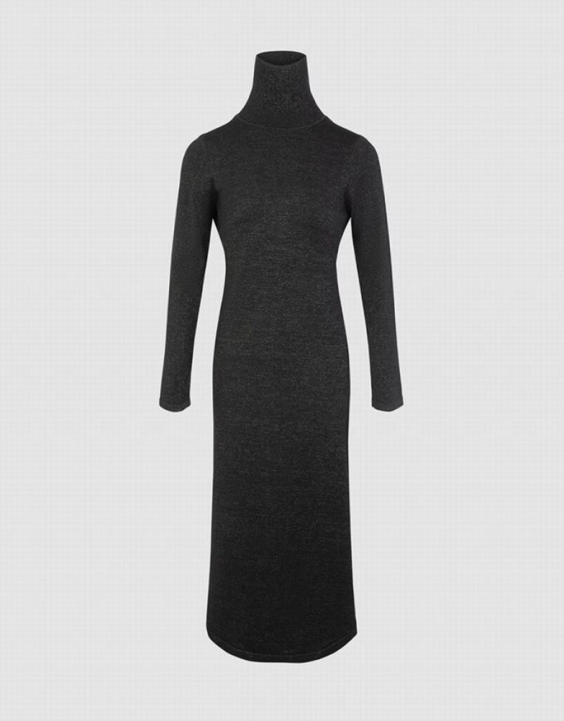 Black Urban Revivo Stand Collar Split Women\'s Knitted Dress | 53478DSFQ