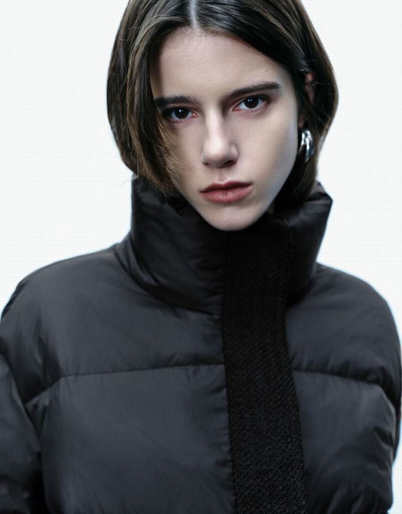 Black Urban Revivo Stand Collar Straight Women's Down Jackets | 14530RTPC