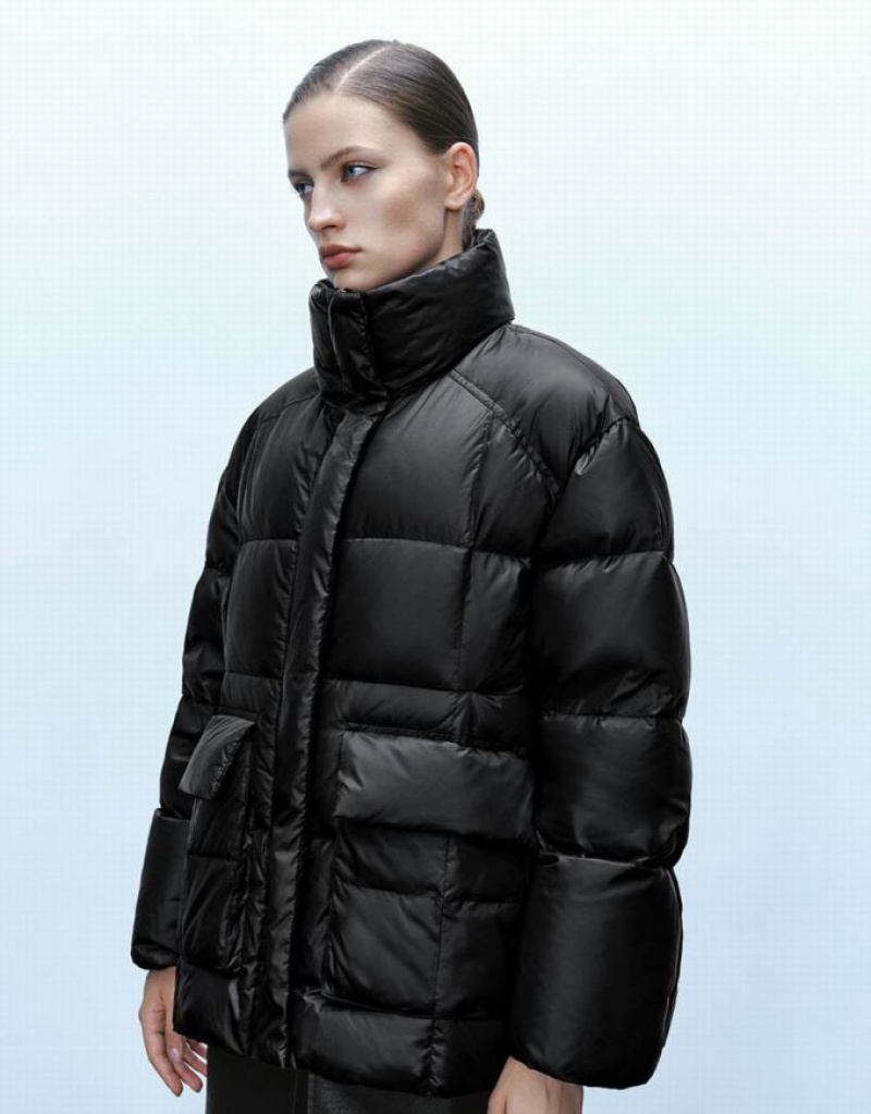 Black Urban Revivo Stand Collar Women's Puffer Jacket | 45760WUBV