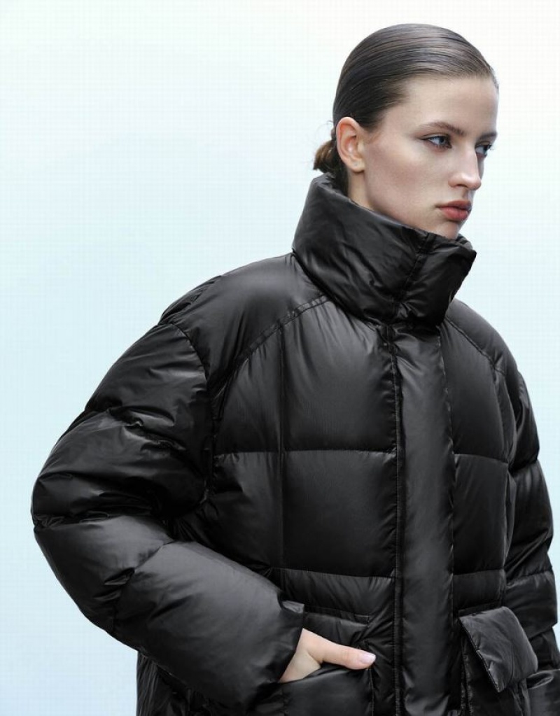 Black Urban Revivo Stand Collar Women's Puffer Jacket | 45760WUBV