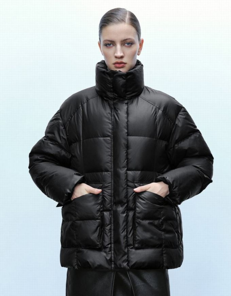 Black Urban Revivo Stand Collar Women\'s Puffer Jacket | 45760WUBV