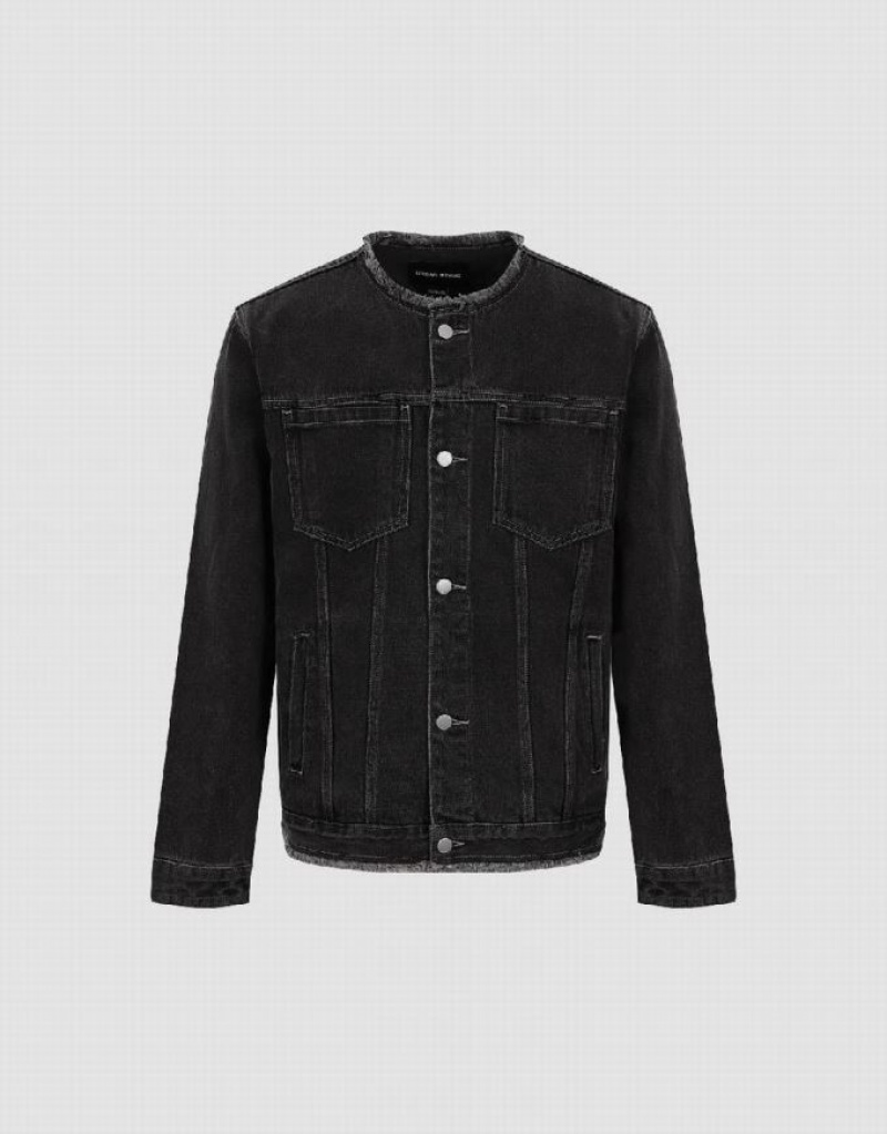 Black Urban Revivo Standard Sleeve Men's Denim Jackets | 53847CYOL