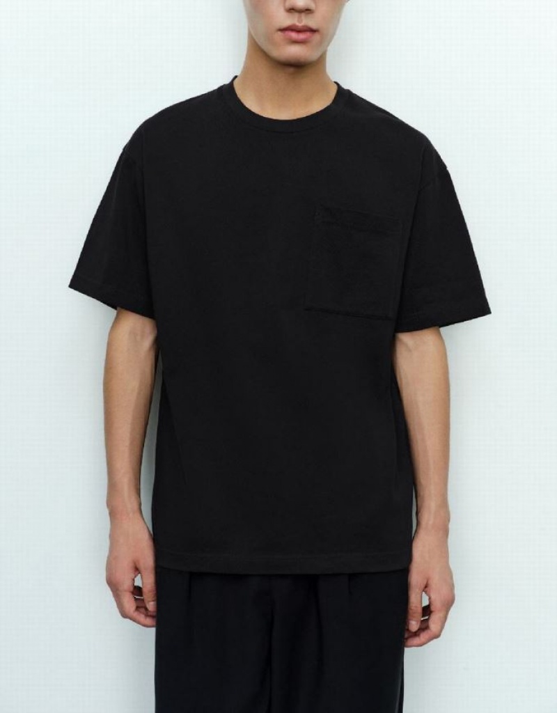 Black Urban Revivo Straight Crew Neck Men's T-Shirts | 81374IADZ