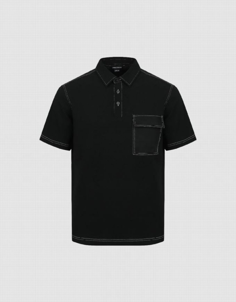 Black Urban Revivo Straight Men's Polo Shirts | 67039CZKX