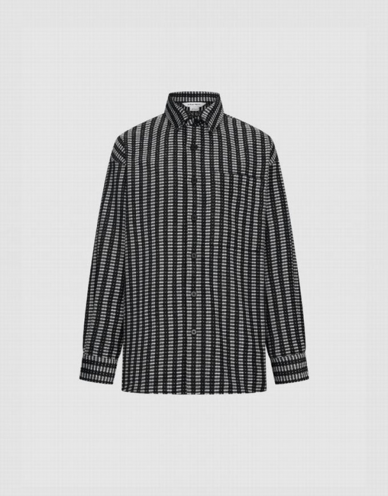 Black Urban Revivo Striped Button Up Oversized Men's Shirts | 03214MFOE