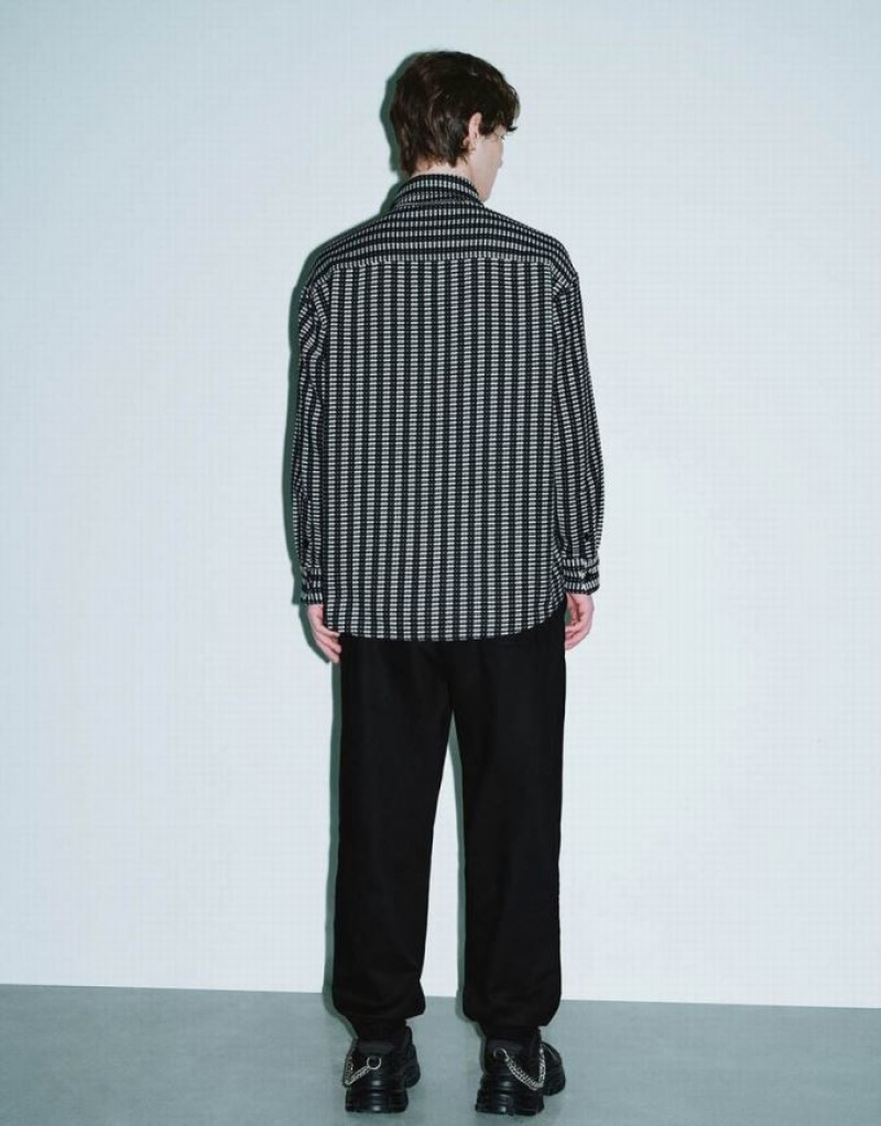 Black Urban Revivo Striped Button Up Oversized Men's Shirts | 03214MFOE