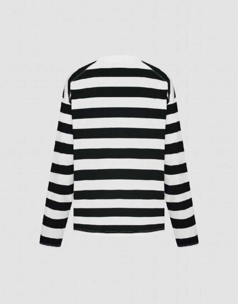 Black Urban Revivo Striped Crew Neck Men's T-Shirts | 64738IJKW