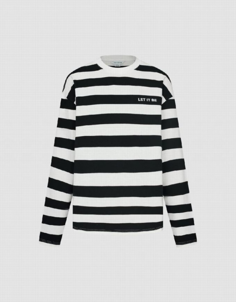 Black Urban Revivo Striped Crew Neck Men's T-Shirts | 64738IJKW