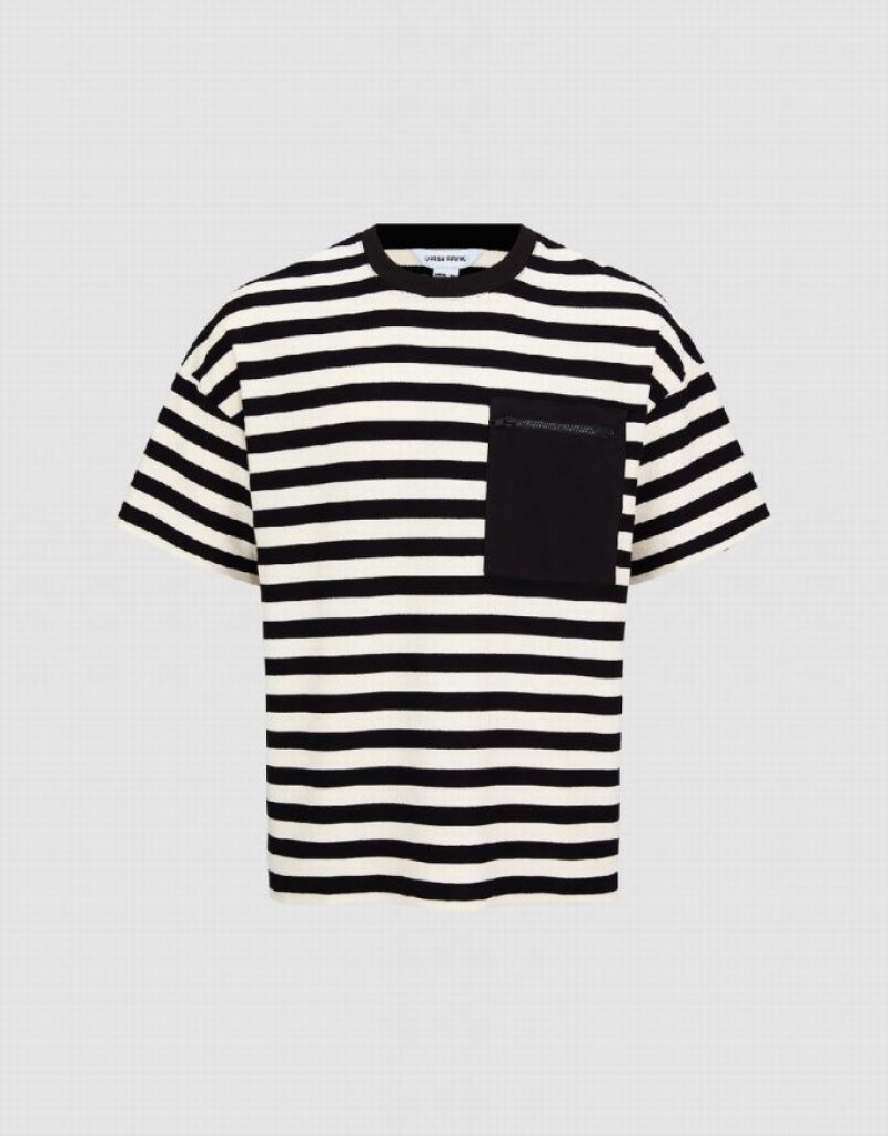 Black Urban Revivo Striped Crew Neck Men's T-Shirts | 59703TLSQ