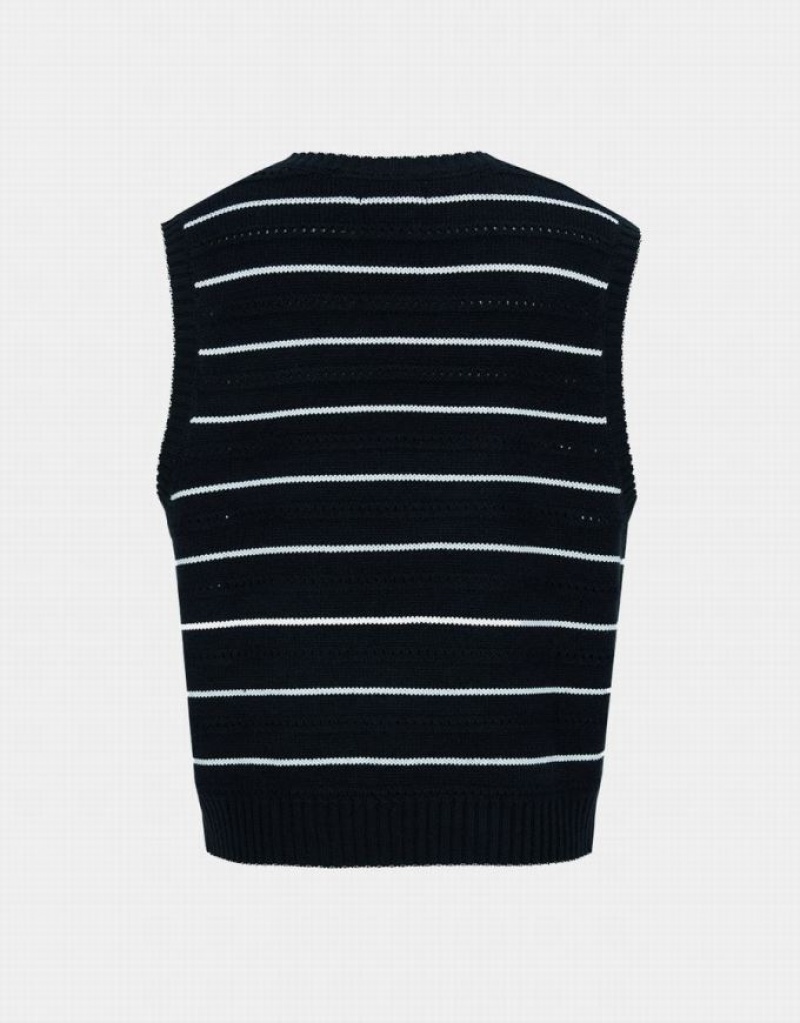 Black Urban Revivo Striped Crew Neck Women's Sweaters | 72538BLNO