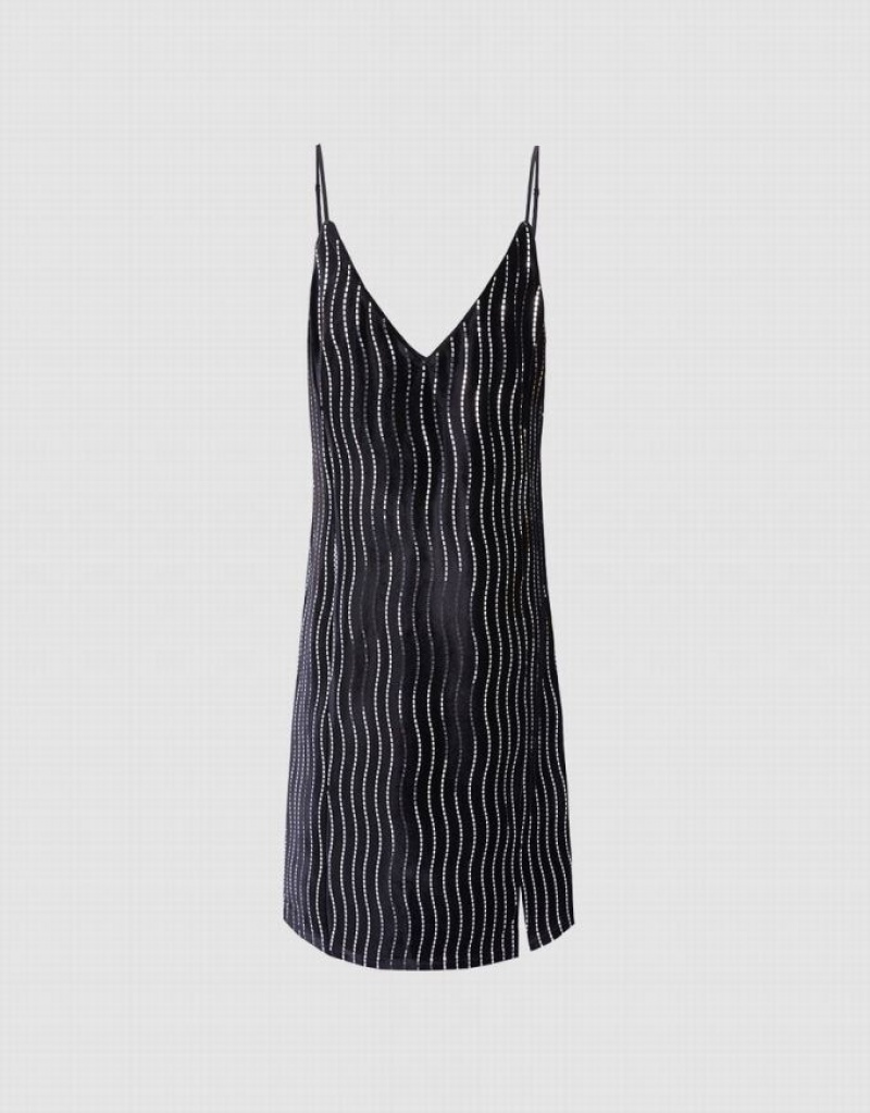 Black Urban Revivo Striped Sequin Women's Casual Dress | 28467WUXM