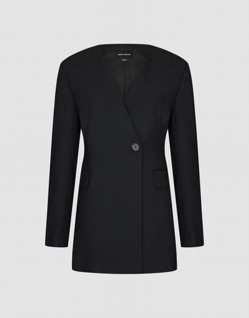 Black Urban Revivo Surplice Front Tailored Women's Blazers | 62095IEKV