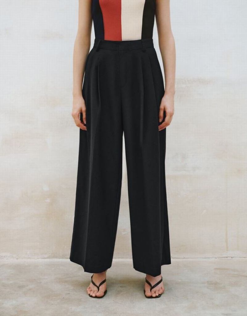 Black Urban Revivo Tailored Wide-Leg Women's Pants | 13967USYE