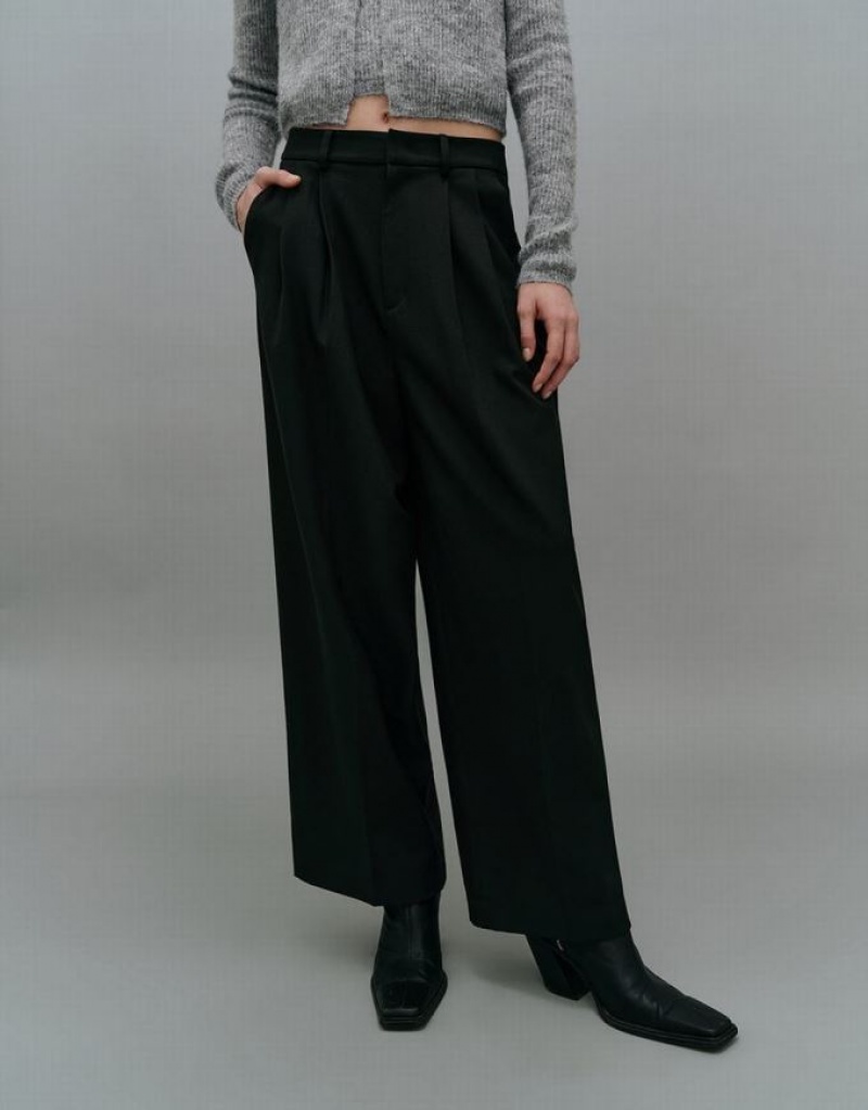 Black Urban Revivo Tailored Wide-Leg Women's Pants | 68123LNJT