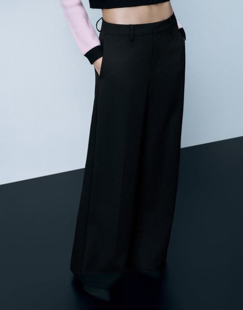 Black Urban Revivo Tailored Wide-Leg Women's Pants | 52374FJXE