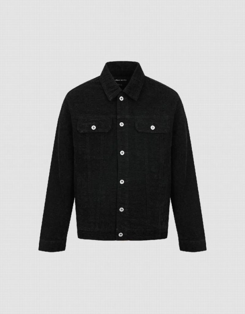 Black Urban Revivo Textured Button Up Men's Denim Jackets | 62813UXVW