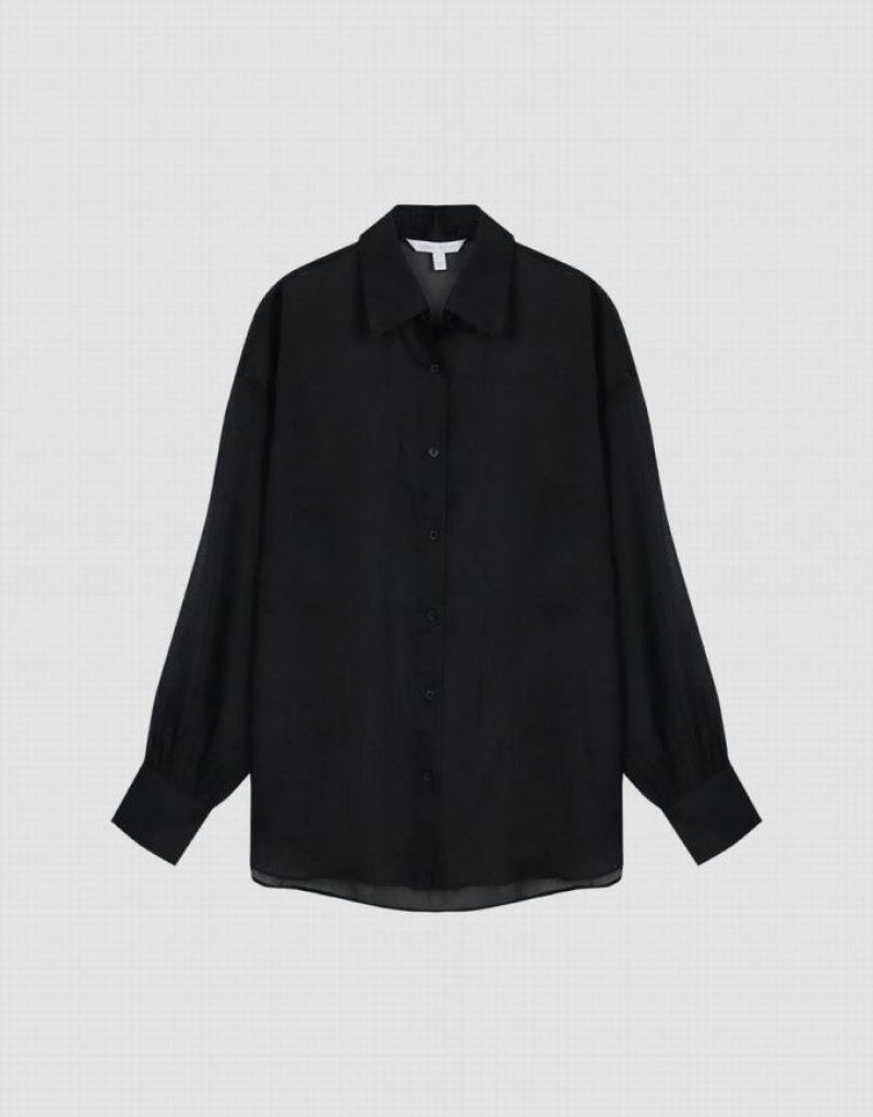 Black Urban Revivo Thin Button Up Loose Women's Shirts | 09876NHCB