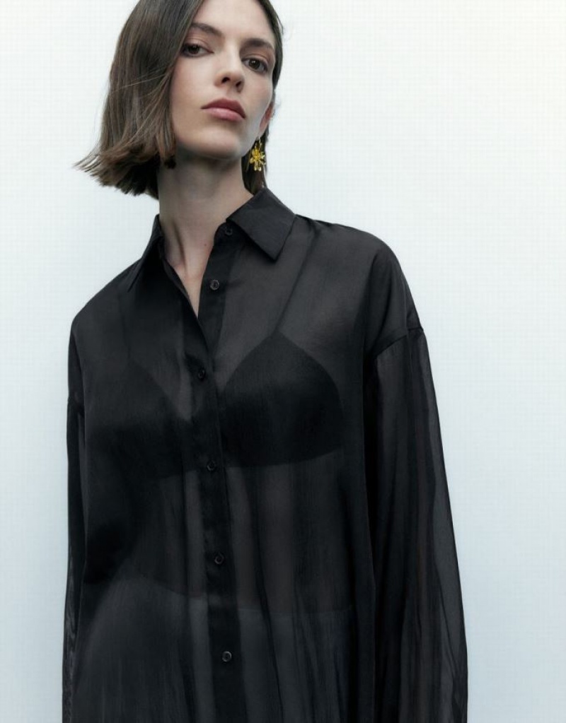 Black Urban Revivo Thin Button Up Loose Women's Shirts | 09876NHCB