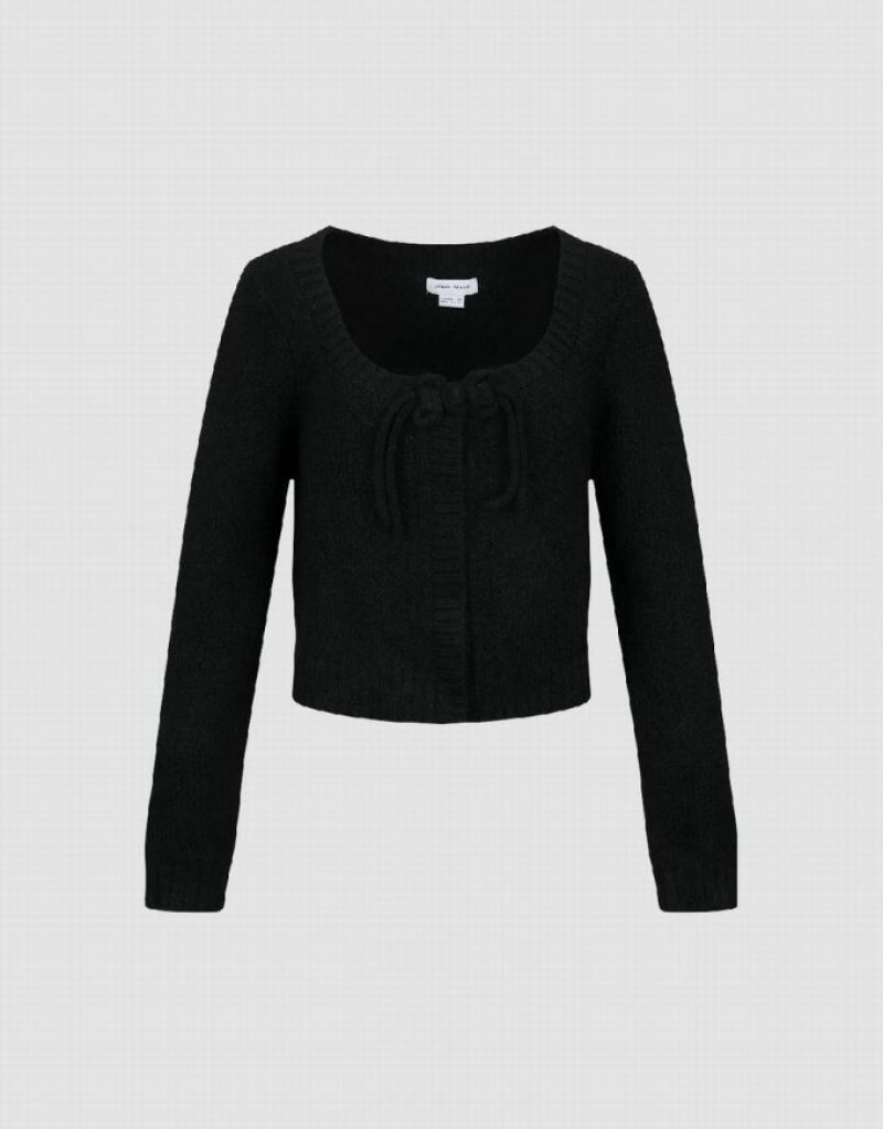 Black Urban Revivo Tie Front Crew Neck Knitted Women\'s Cardigan | 23507ZAQY