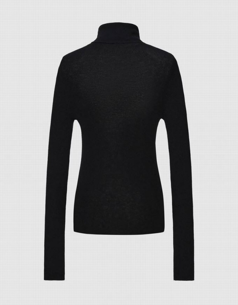 Black Urban Revivo Turtle Neck Knitted Women's Cardigan | 45731SDXA