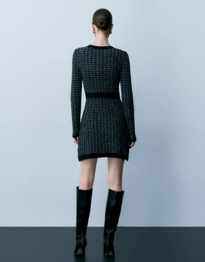 Black Urban Revivo Tweed Crew Neck Women's Knitted Dress | 52193IFQL