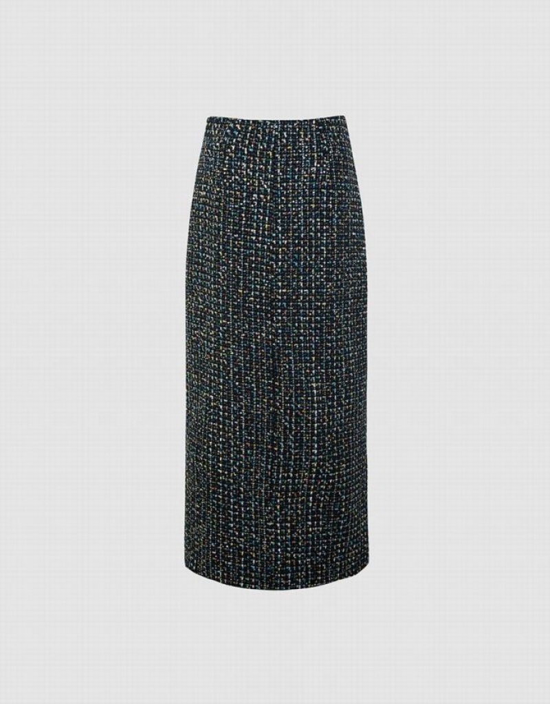 Black Urban Revivo Tweed Midi Women's Skirts | 21405GKDR