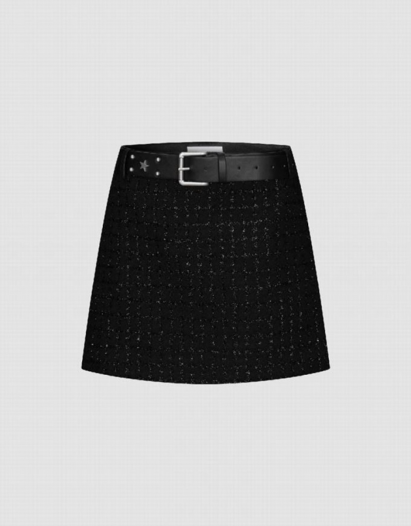 Black Urban Revivo Tweed Mini A-Line Women\'s Skirts | 79086LZTV