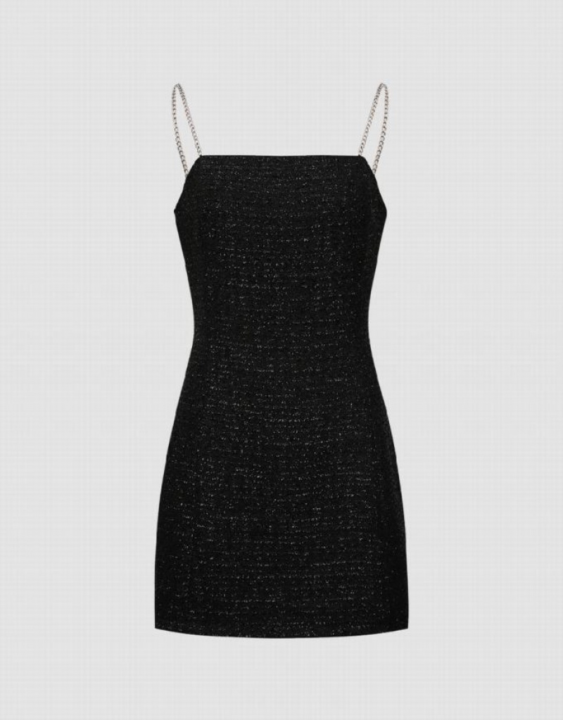 Black Urban Revivo Tweed Off-Shoulder A-Line Cami Women\'s Dress | 95071UBLI