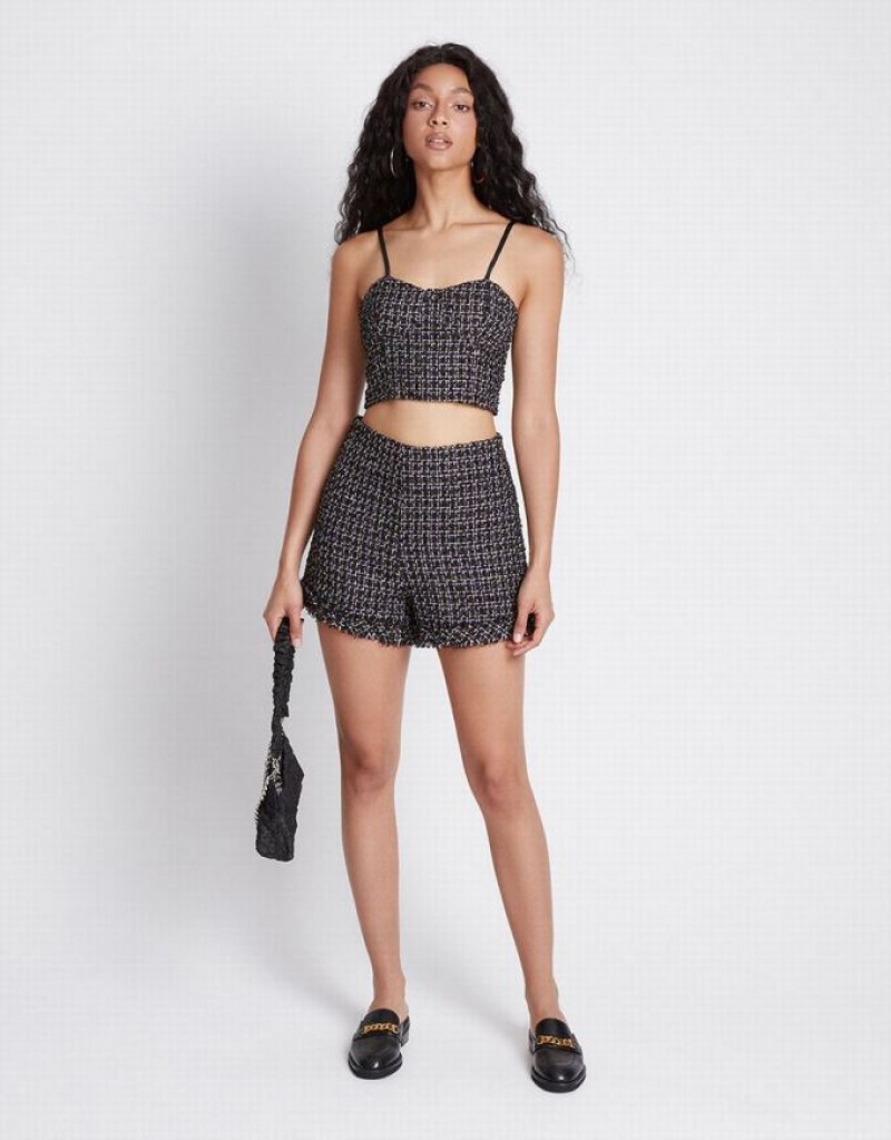 Black Urban Revivo Tweed Plaid Raw Hem Women's Shorts | 97542TALH