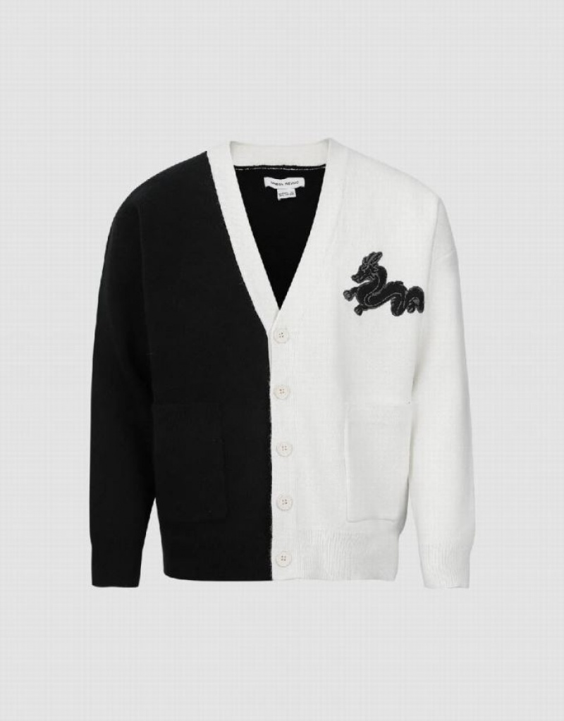 Black Urban Revivo Two Toned V-Neck Knitted Men's Cardigan | 28471SXDJ