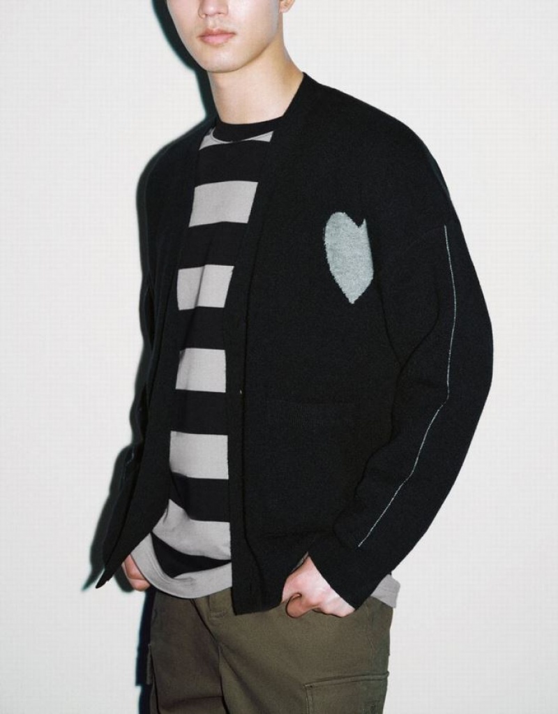 Black Urban Revivo V-Neck Knitted Men's Cardigan | 28041LZED