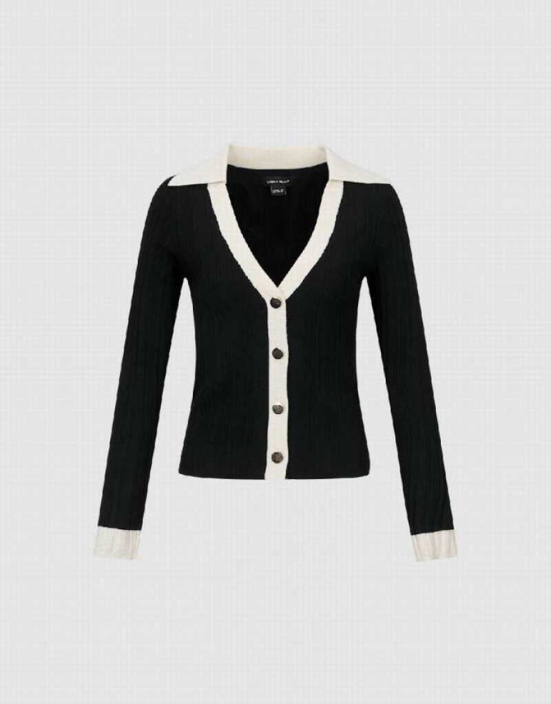 Black Urban Revivo V-Neck Knitted Women's Cardigan | 17309HOCT