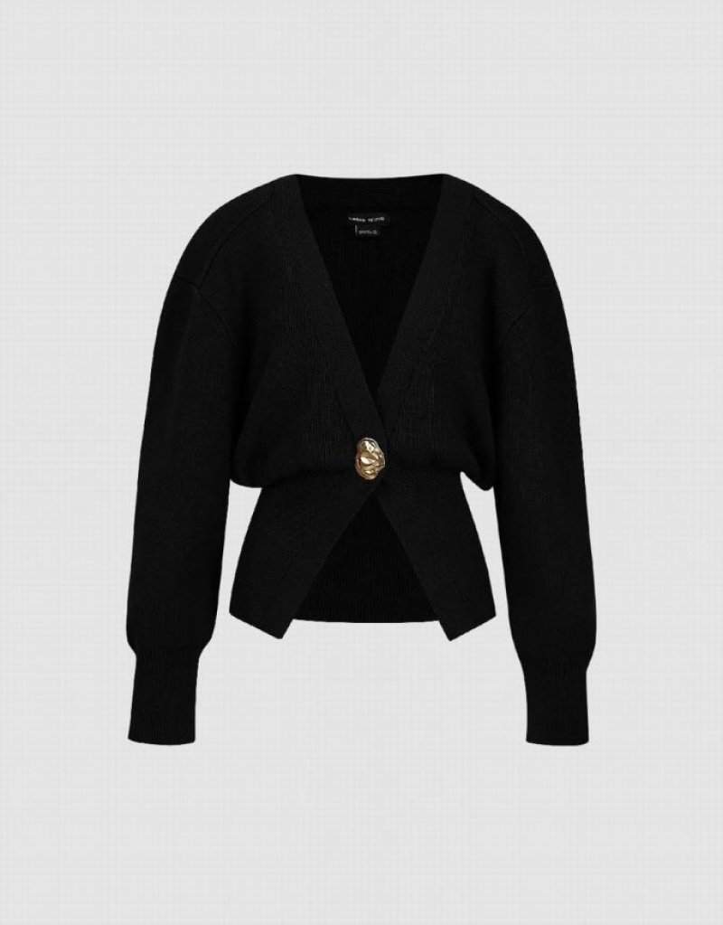 Black Urban Revivo V-Neck Knitted Women's Cardigan | 59823QGFE