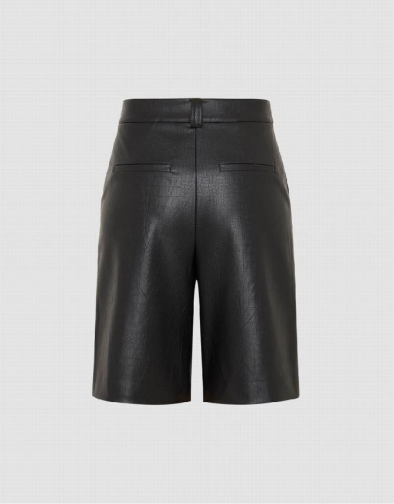 Black Urban Revivo Vegan Leather Straight Women's Shorts | 82493ZWOC