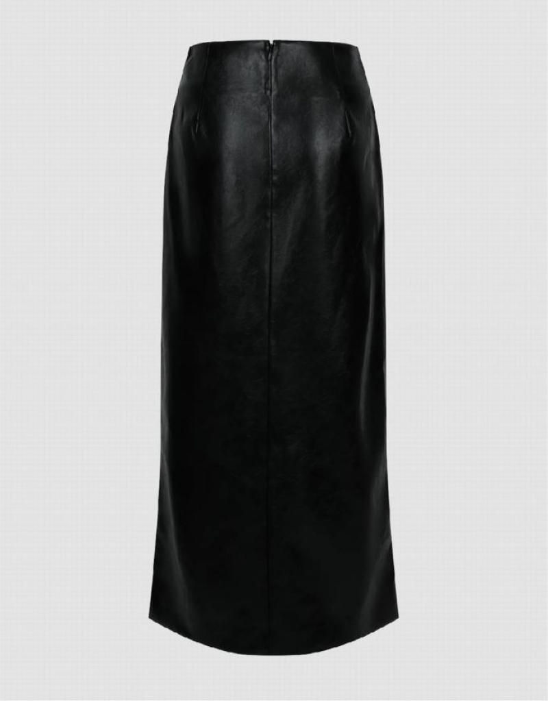 Black Urban Revivo Vegan Leather Midi Straight Women's Skirts | 23560WIVP