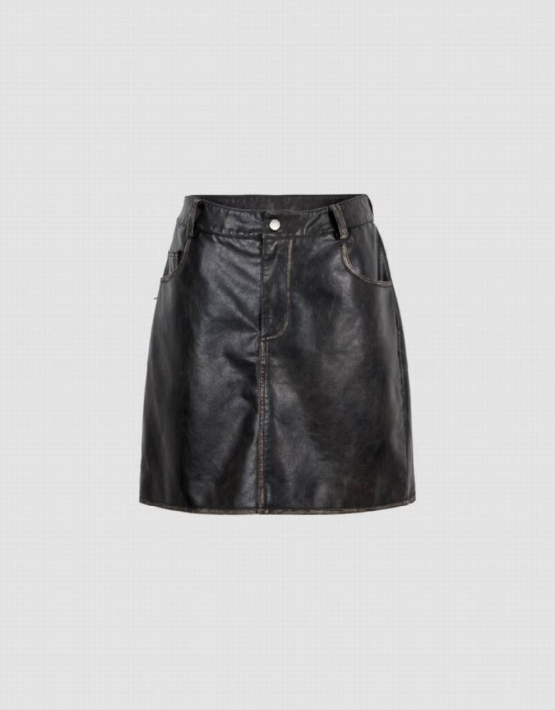 Black Urban Revivo Vegan Leather Mini A-Line Women\'s Skirts | 05186NOTK