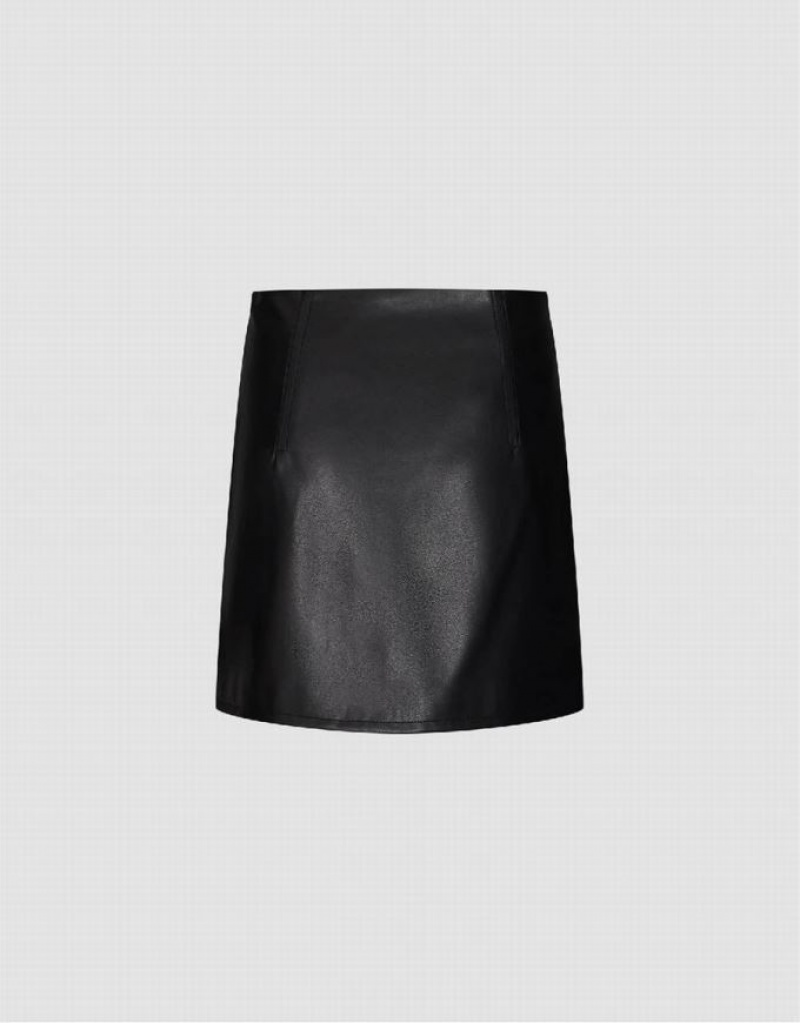 Black Urban Revivo Vegan Leather Mini Straight Women's Skirts | 65703MBVF