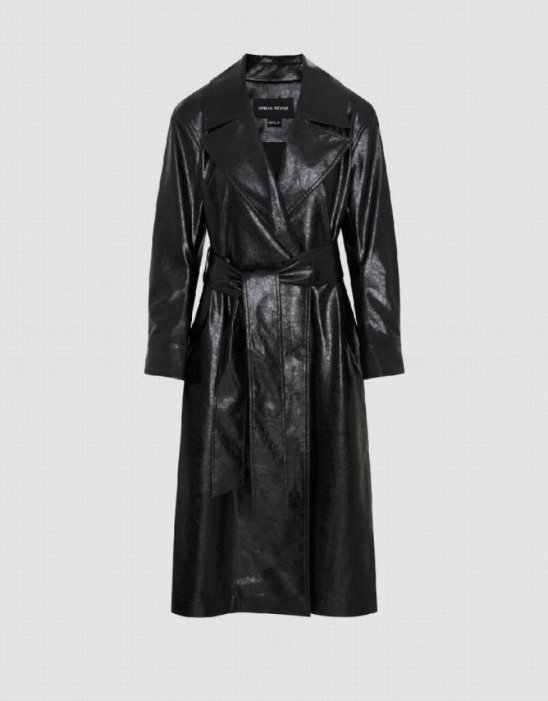 Black Urban Revivo Vegan Leather Straight With Belt Women's Coats | 65928UKNI