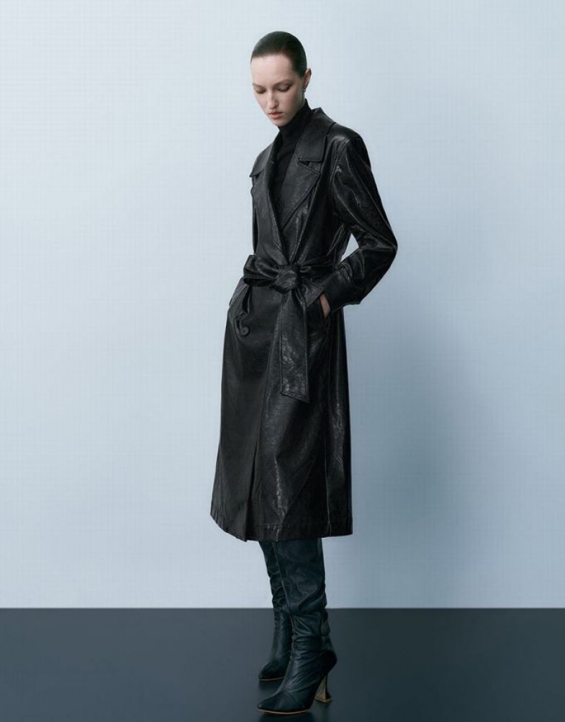 Black Urban Revivo Vegan Leather Straight With Belt Women's Coats | 65928UKNI