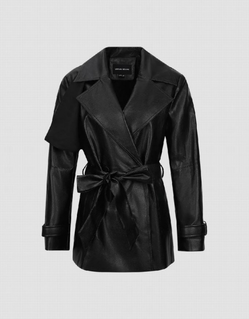 Black Urban Revivo Vegan Leather With Belt Women's Trench Coat | 47385OKQW