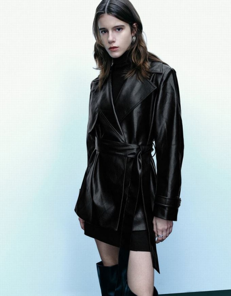 Black Urban Revivo Vegan Leather With Belt Women's Trench Coat | 47385OKQW