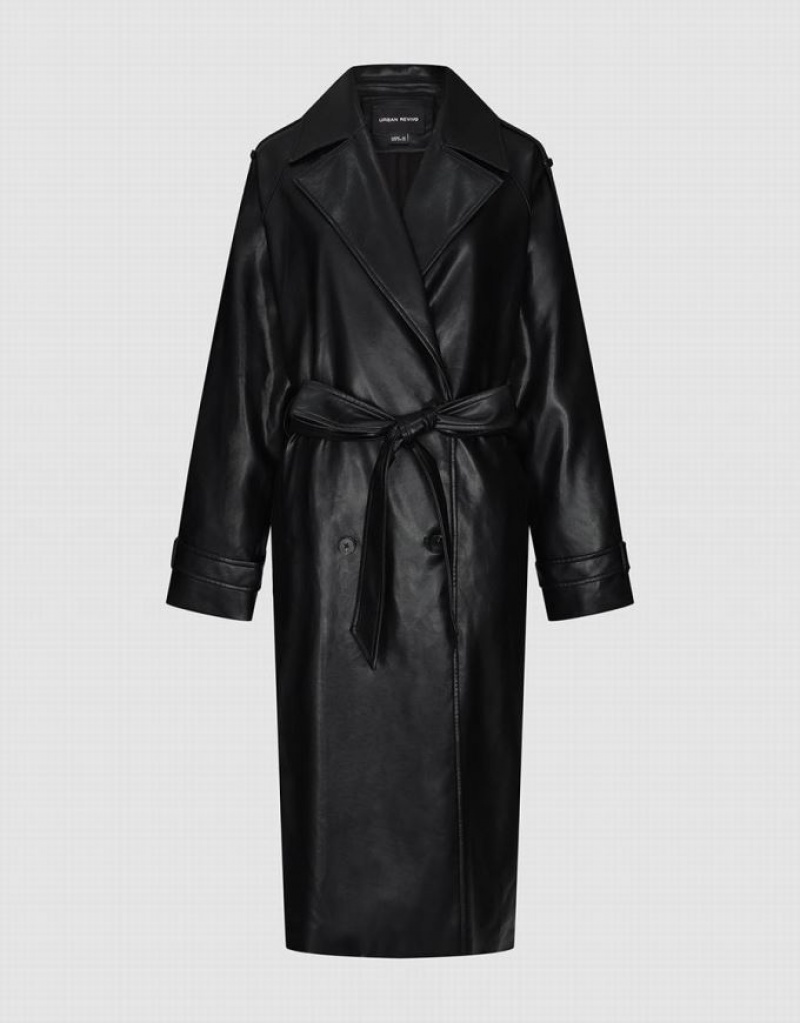 Black Urban Revivo Vegan Leather With Belt Women's Trench Coat | 98273RIMA