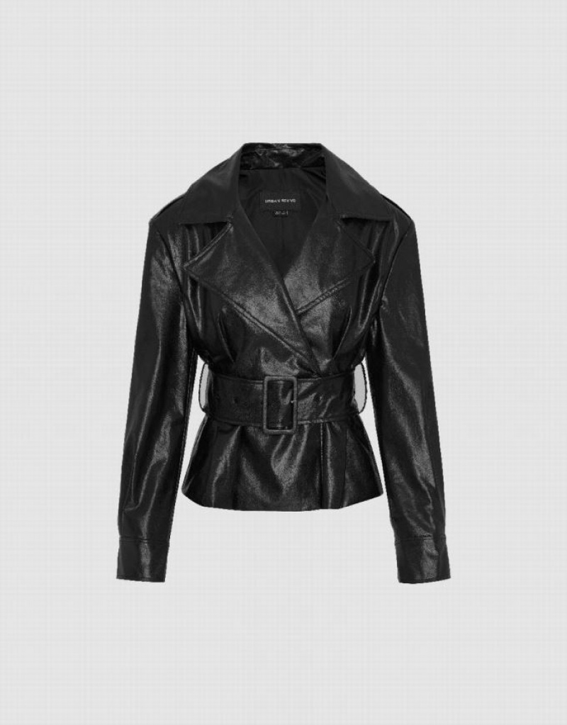 Black Urban Revivo Vegan With Belt Women's Leather Jackets | 61874DWJN