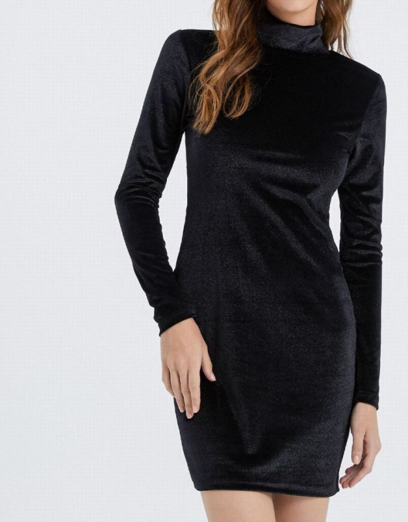 Black Urban Revivo Velvet Turtle Neck Bodycon Women's Casual Dress | 72189CQKF