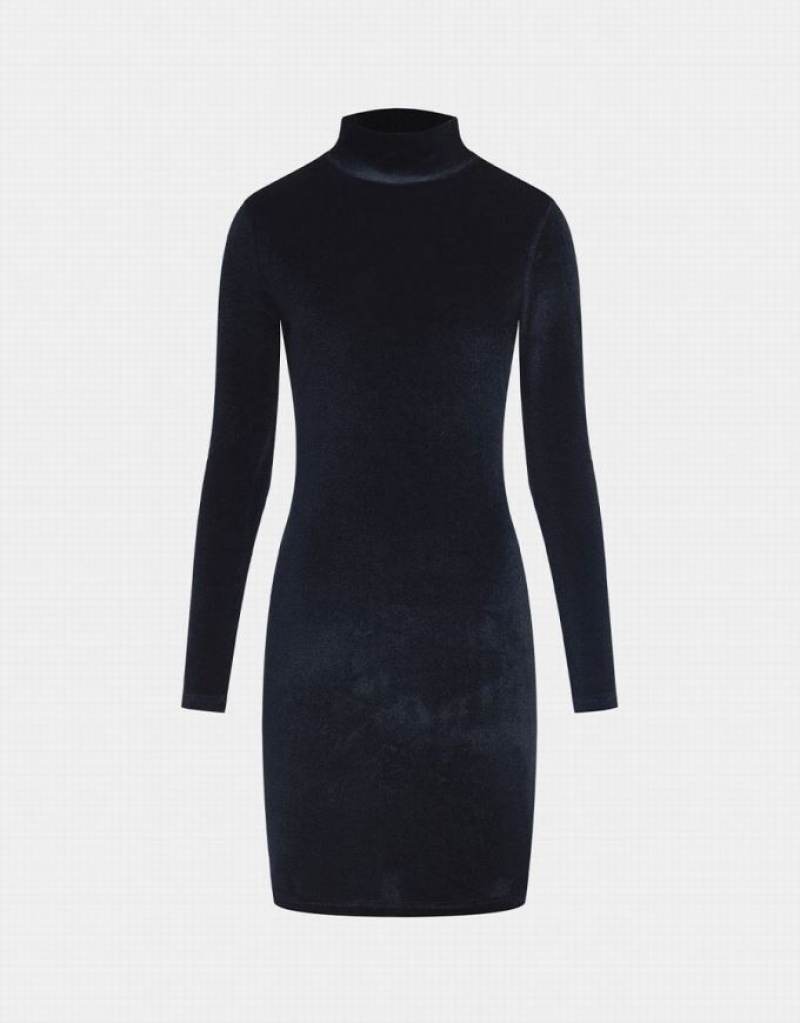 Black Urban Revivo Velvet Turtle Neck Bodycon Women\'s Casual Dress | 72189CQKF