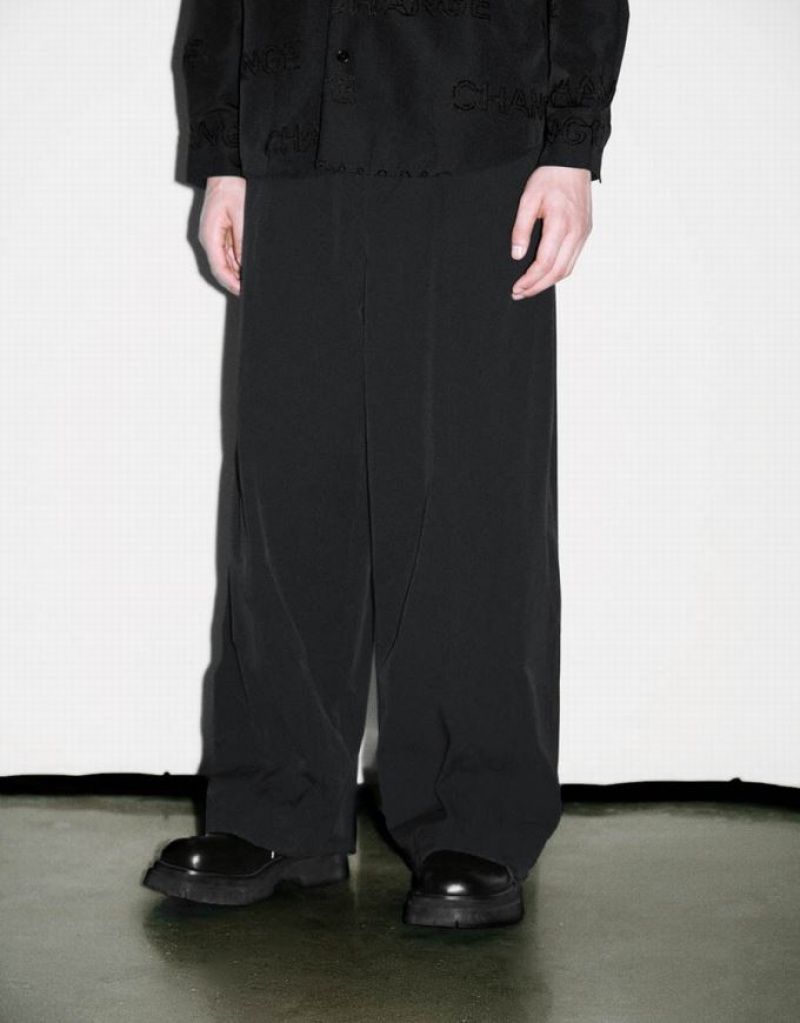 Black Urban Revivo Wide-Leg Men's Pants | 32687YVJZ