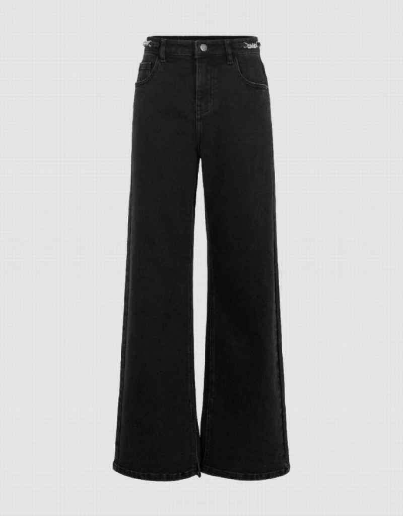 Black Urban Revivo Wide-Leg With Chain Decor Women\'s Jeans | 97415IUWH