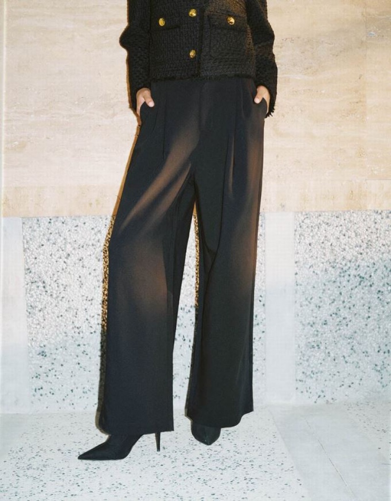 Black Urban Revivo Wide-Leg Women's Pants | 43901GFUL