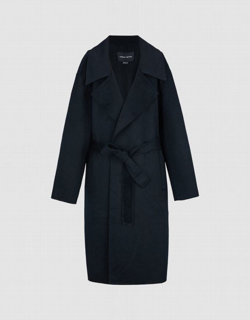 Black Urban Revivo Woolen Long With Belt Women's Coats | 51709GZHD