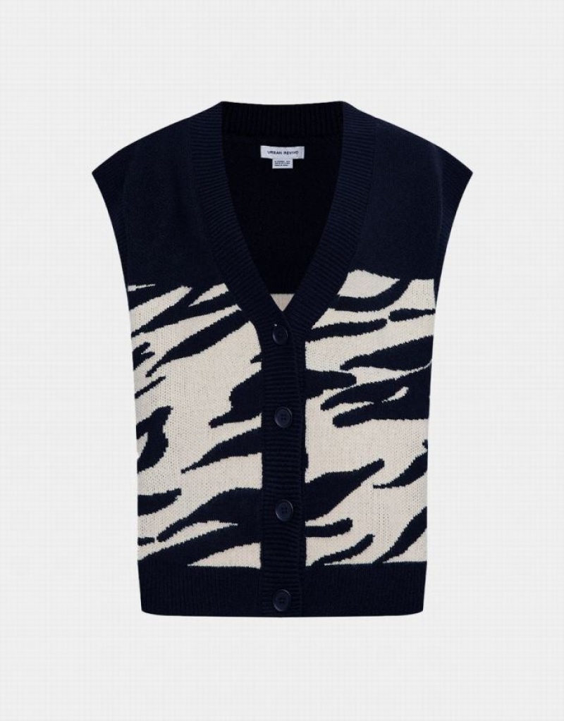 Black Urban Revivo Zebra Striped Button Up Women\'s Sweater Vest | 70659XHEI